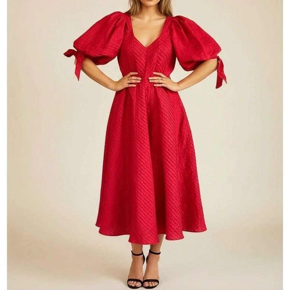 ODET Cherie Chevron Mumu Linen Dress, Red, Medium - Picture 4 of 14